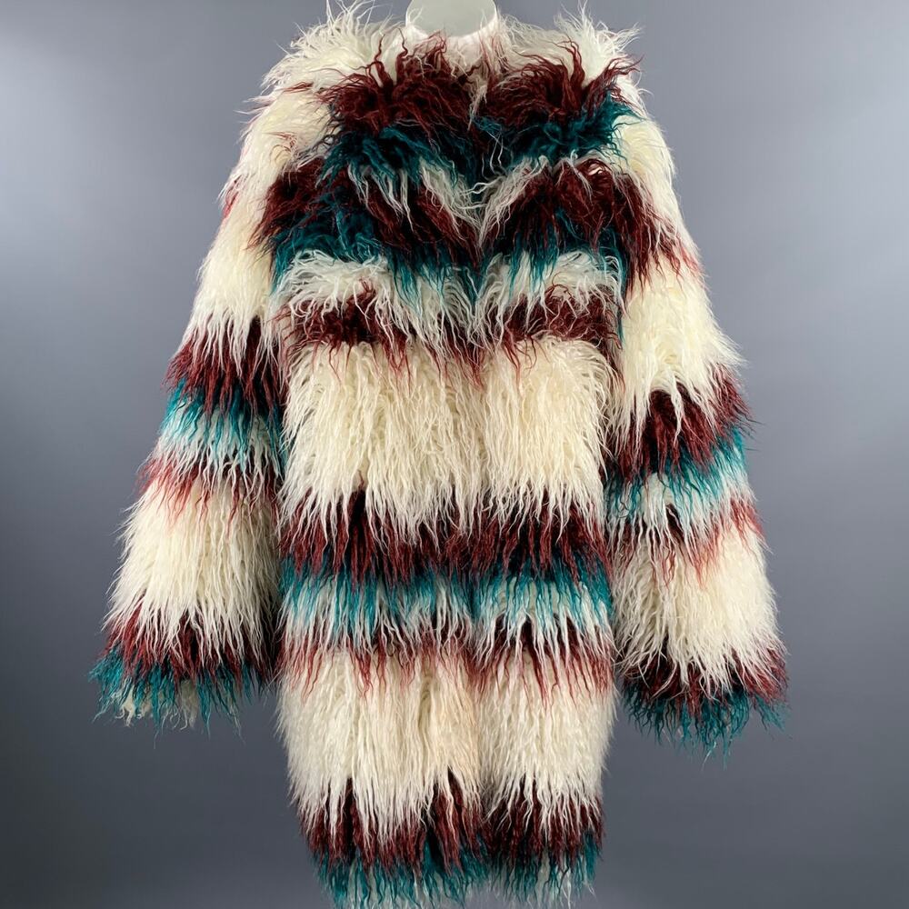 FRIED RICE One Size White Burgundy Teal Stripe Polyester Faux Fur Coat